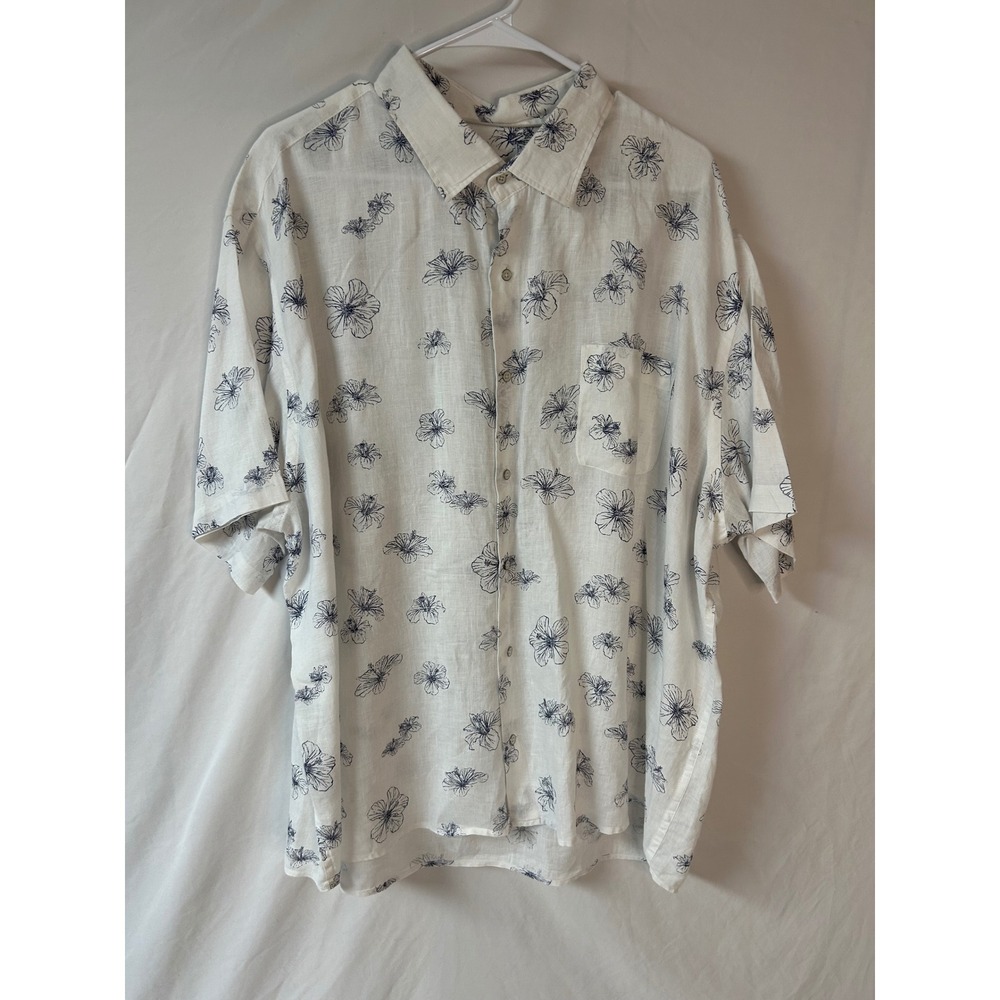 Peter Millar Mens XXL White Blue Hibiscus Floral 100% Linen Button Down Shirt